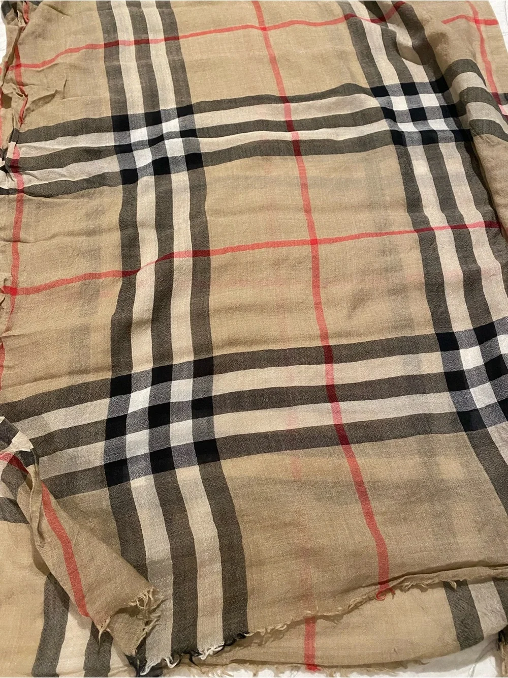 Burberry Neutral Plaid Silk-Wool Scarf with Red Accent